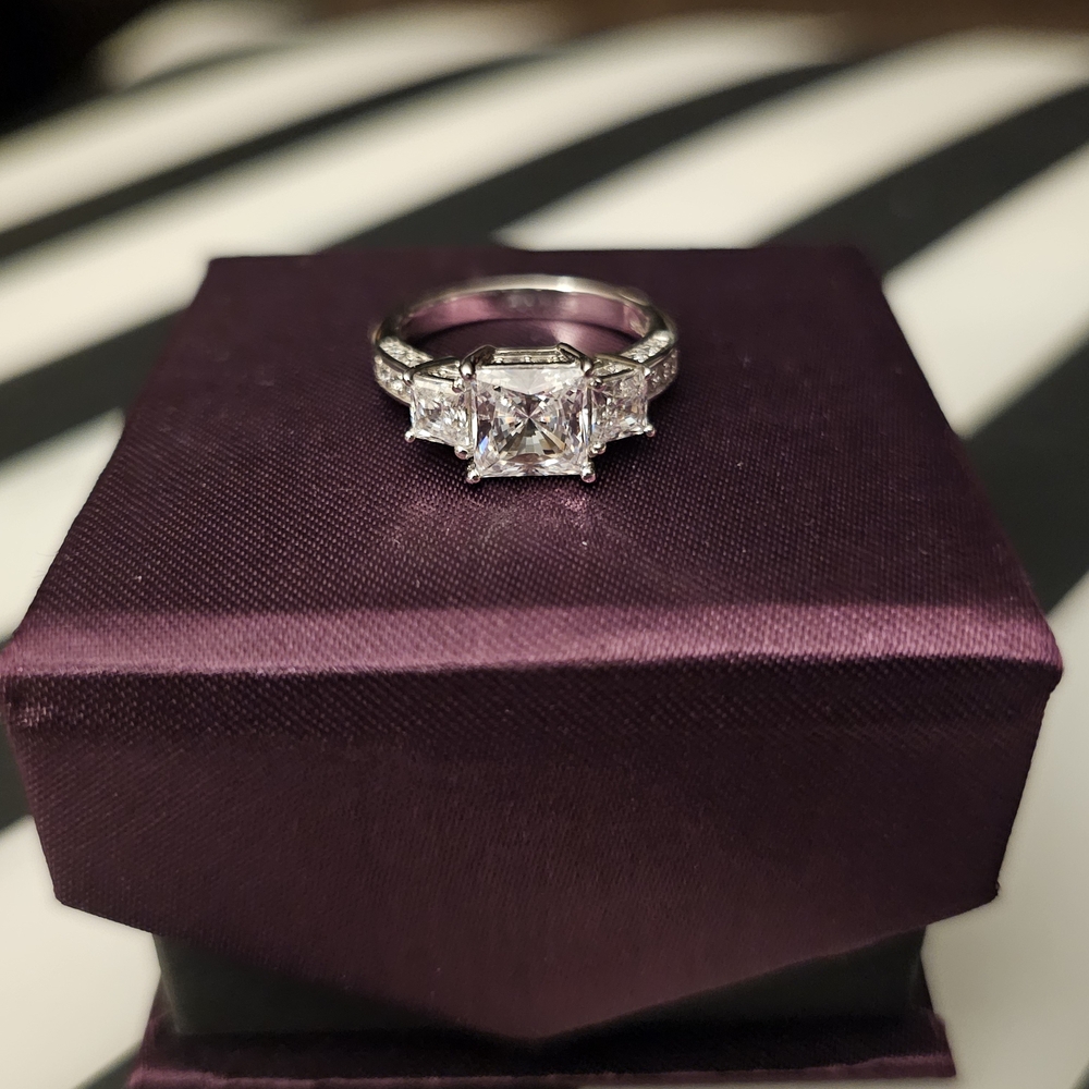 Sterling Silver Princess Cut Cubic Zirconia 3-Stone Ring